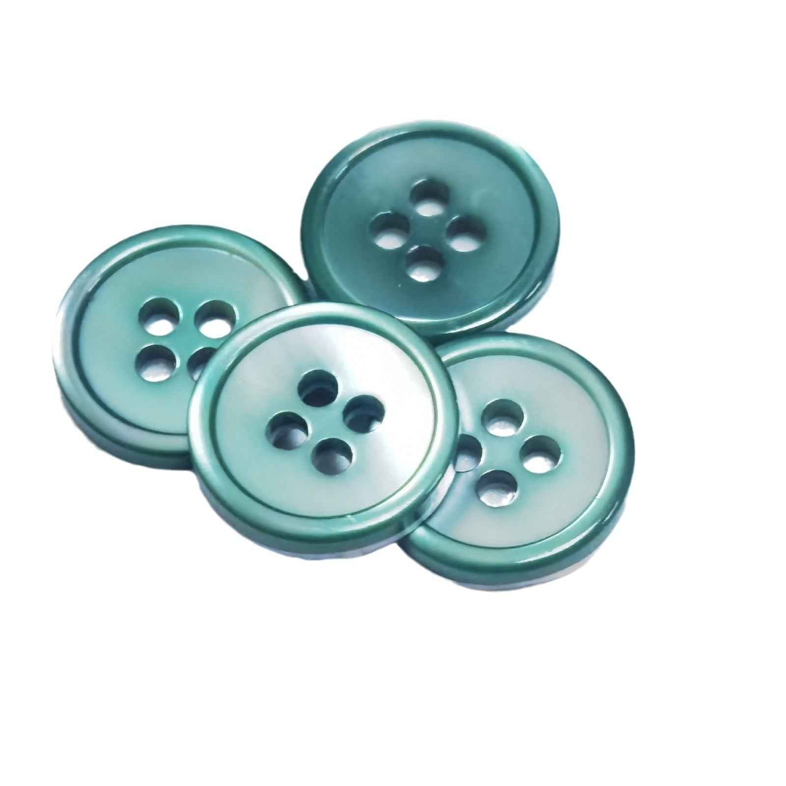 Teal and light aqua round 4-hole shell-look buttons, 10 mm