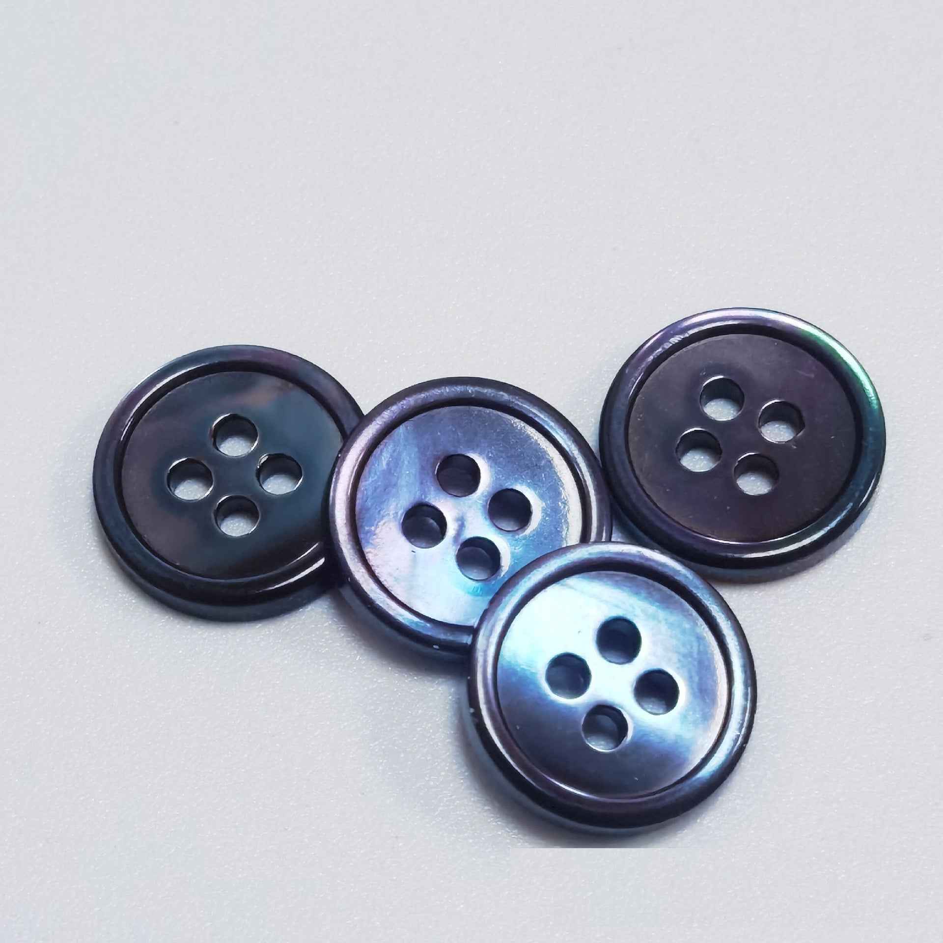 Blue and navy round 4-hole shell-look buttons, 10 mm