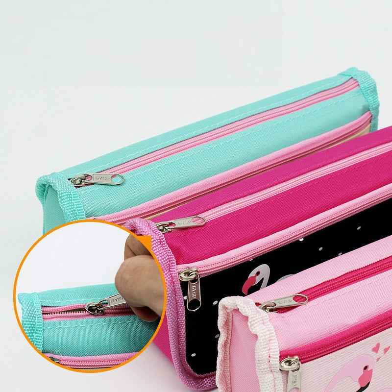 Cute Flamingo Print Double Zipper Pencil Case Stationery Organizer