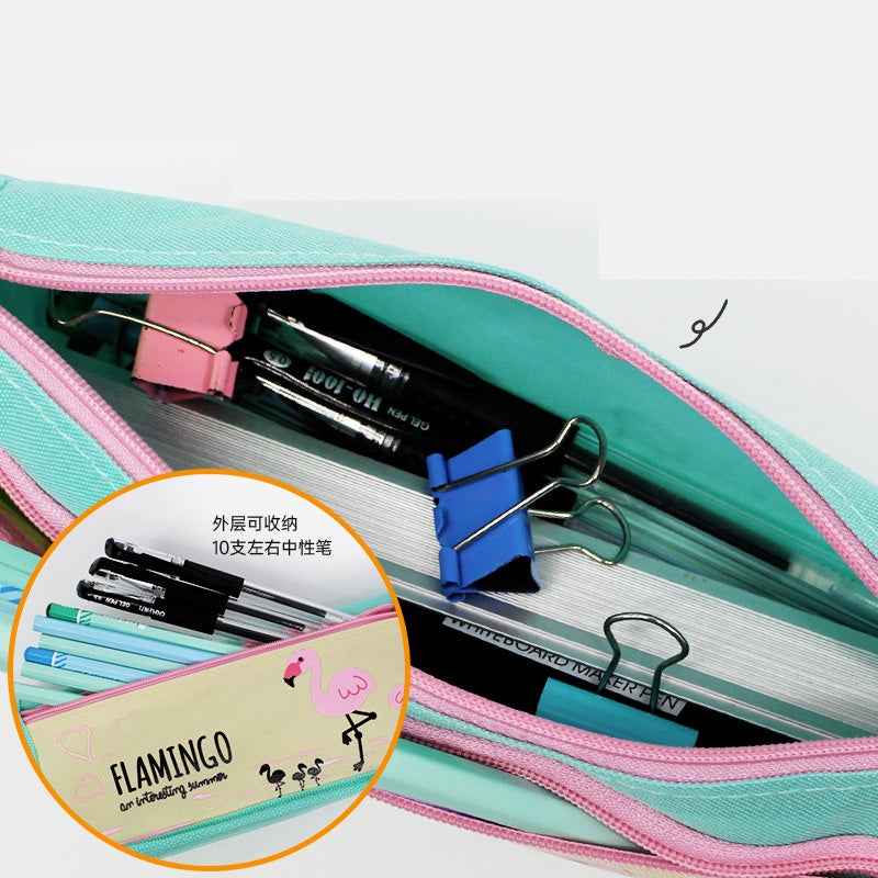 Cute Flamingo Print Double Zipper Pencil Case Stationery Organizer