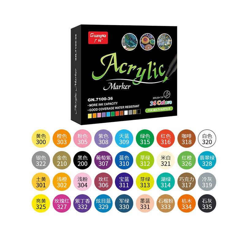 Guangna 36 Colors Brush Tip Acrylic Paint Marker Pens