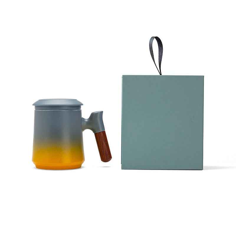 Gradient Tea Cup Mug with Infuser and Lid, 14.5oz Wood Handle