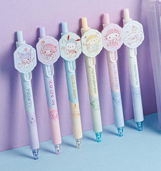 Guangbo Sanrio napsautettava geelipinnoituskynäsetti 6-pack sarjakuvahahmokiinnikkeellä