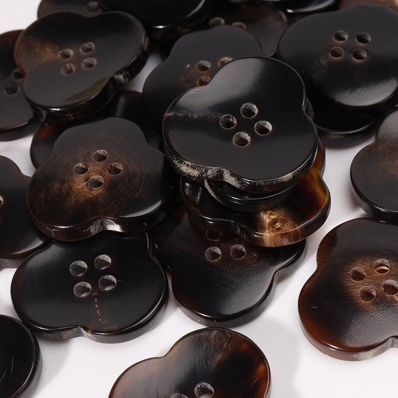 Assorted dark horn flower buttons with 4 holes, coffee-brown finish