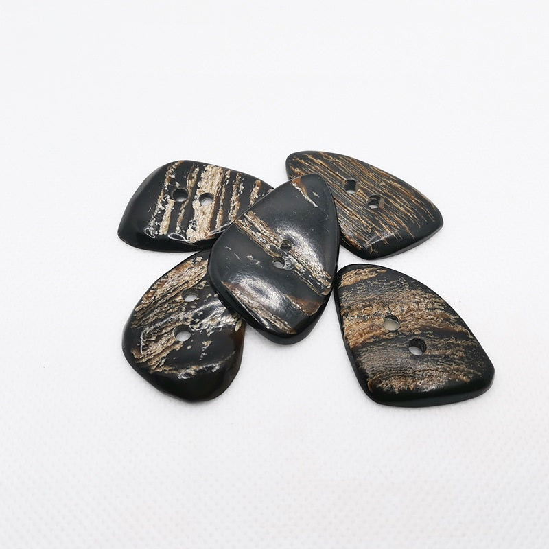Set of five triangle coat buttons, two-hole, black horn look with speckled finish