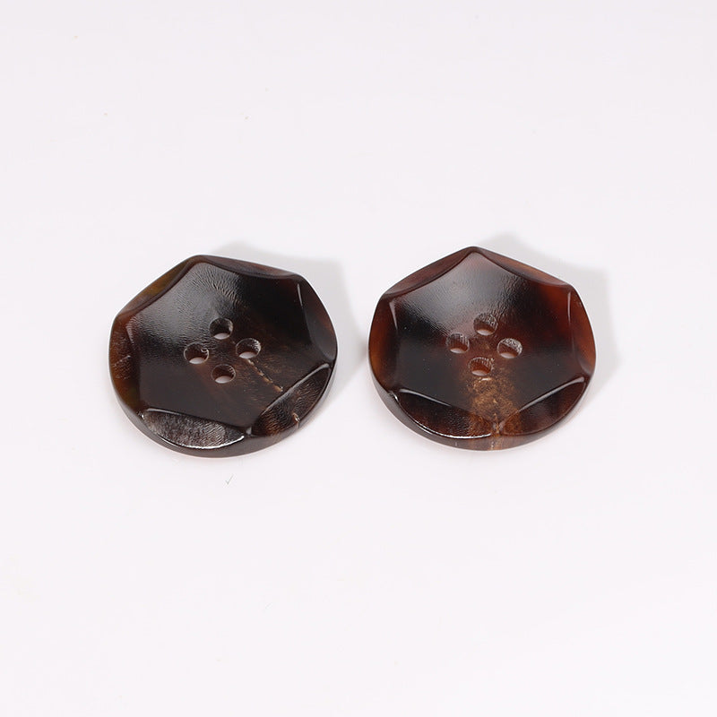 Pair of 23mm coffee-brown hexagonal buttons with four holes