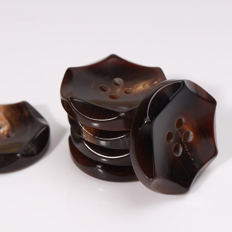 Stacked 23mm coffee-brown hexagonal buttons with four holes