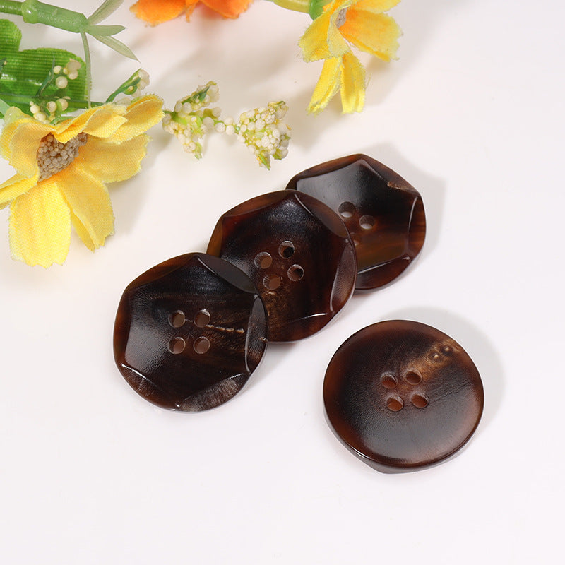 Coffee-brown hexagonal buttons with four holes, four visible