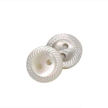 White two-hole shell buttons, 9–11.5mm, wide-edge ribbed detail