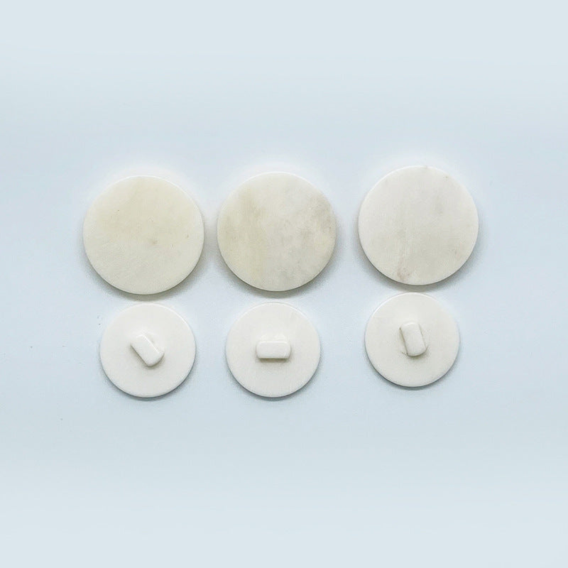White round-edge bone buttons, front view with shank holes, 6pcs