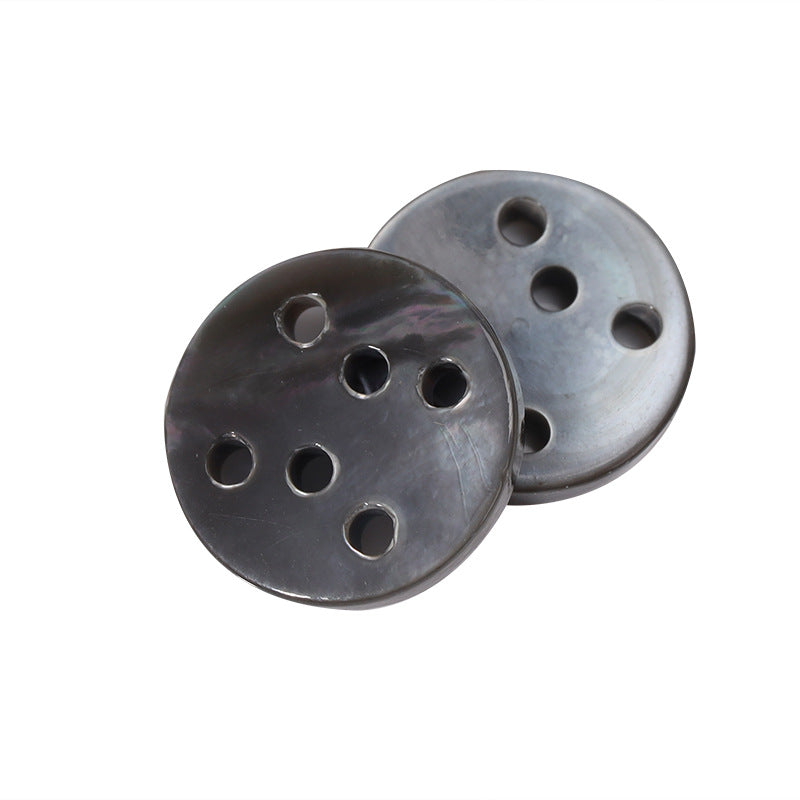 Round six-hole shell buttons, dark/black finish, 2-piece view with six eyelets