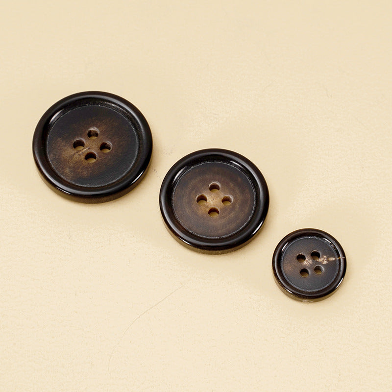 Dark coffee round four-hole suit buttons, horn-look, 3-piece view