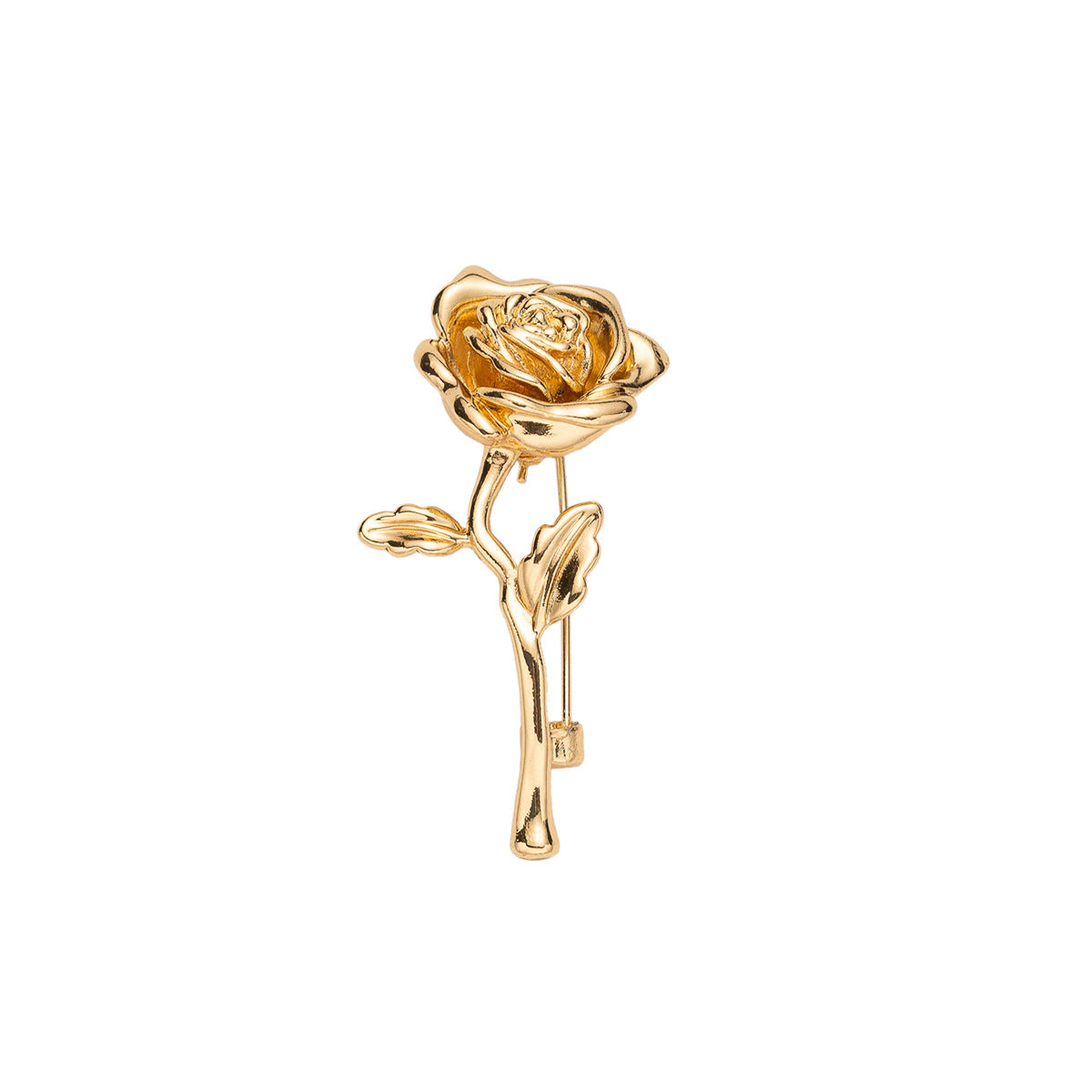 Golden rose brooch lapel pin, gold-tone flower with safety clasp and stem