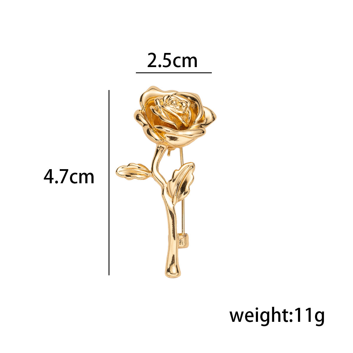 Golden rose lapel pin: 2.5cm wide, 4.7cm tall, weight 11g