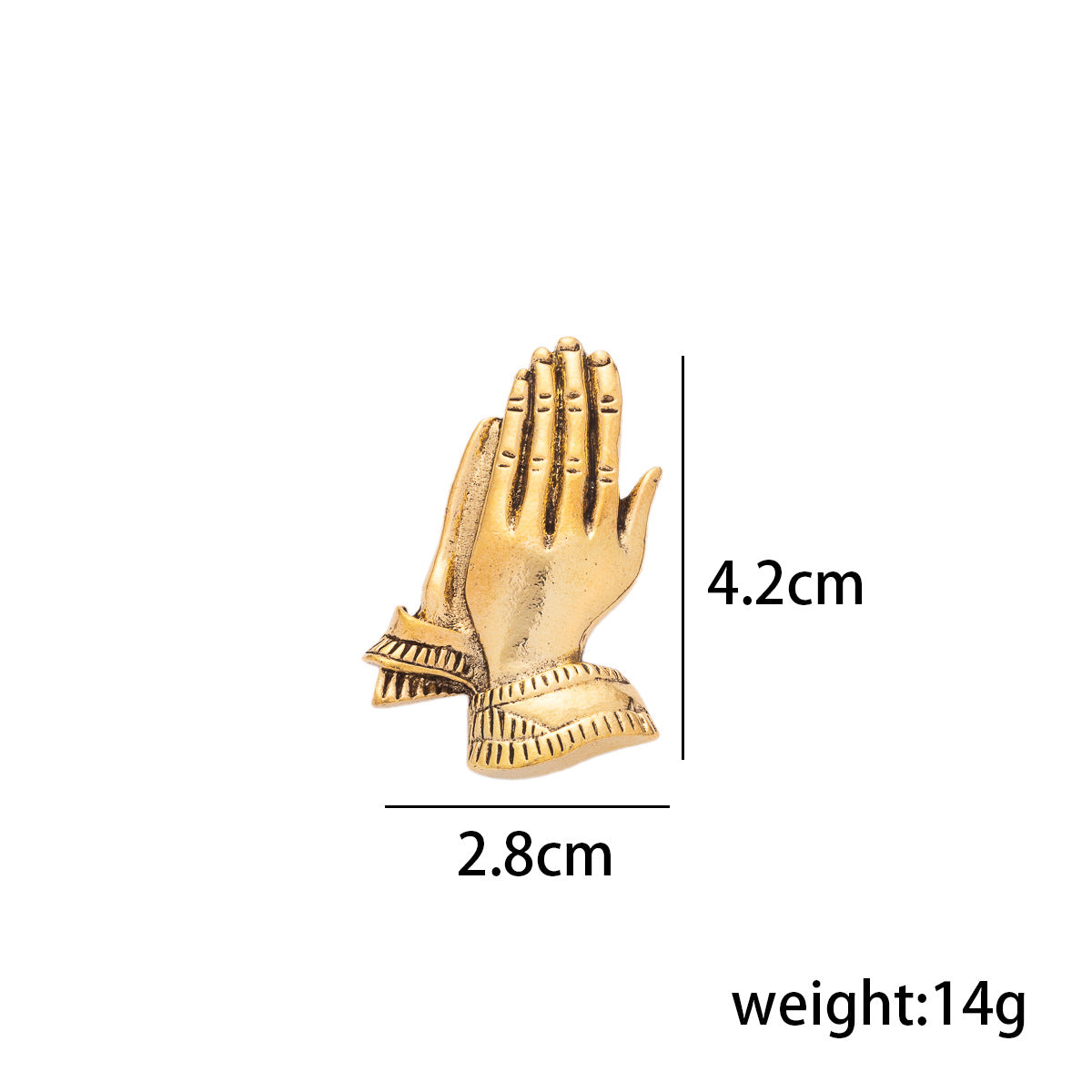 Gold prayer hands lapel pin: 4.2cm x 2.8cm, weight 14g