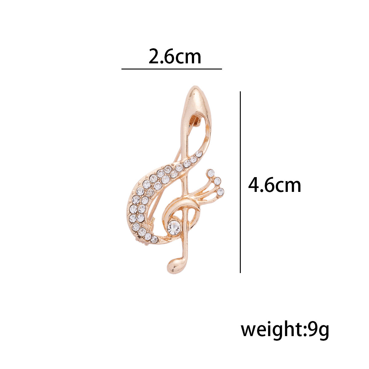 Gold diamond musical note metal brooch with clear rhinestones