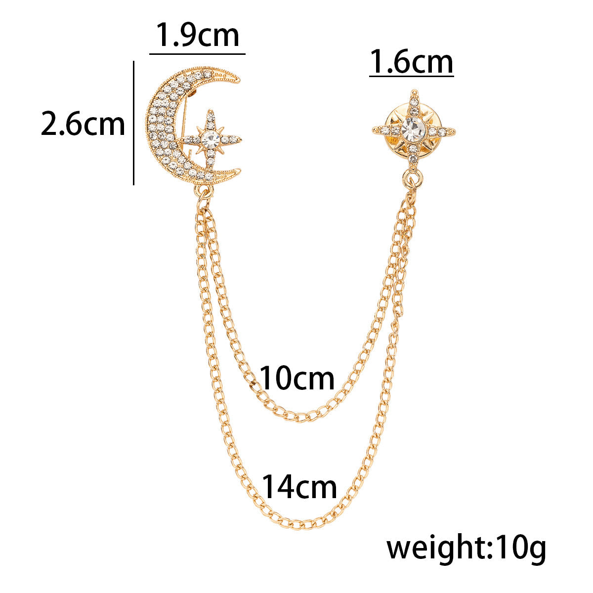 Maße: Mondanhänger 1,9 cm; Sternanhänger 1,6 cm; Kette 10/14 cm; Gewicht 10 g