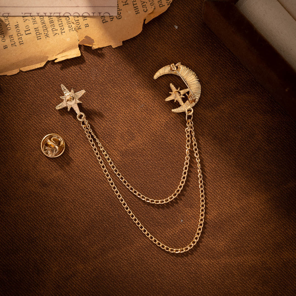 Mond- & Stern-Brosche mit Ketten, goldfarbenes Zweierset