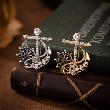 2-delige anker-helm broches, blauw strass en diamanten, goud en zilver