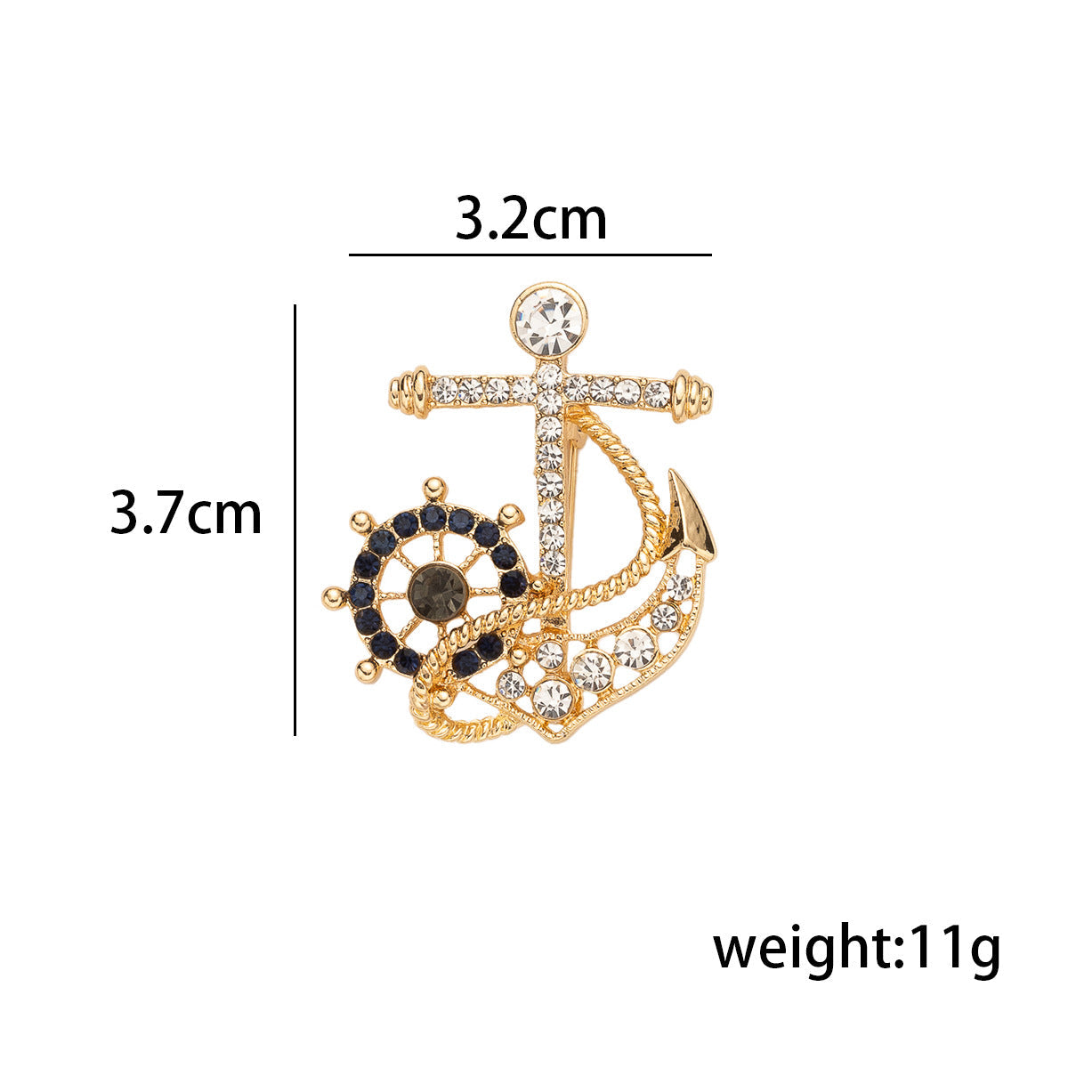 Anker-helm broche: 3,2x3,7 cm, 11 g; blauw strass en diamanten details