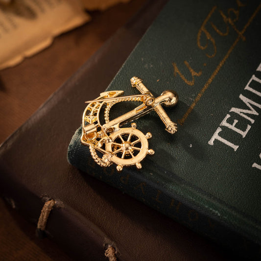 Navy Full Diamond Ship's Helm Anchor Pin Brooch 2 Pack