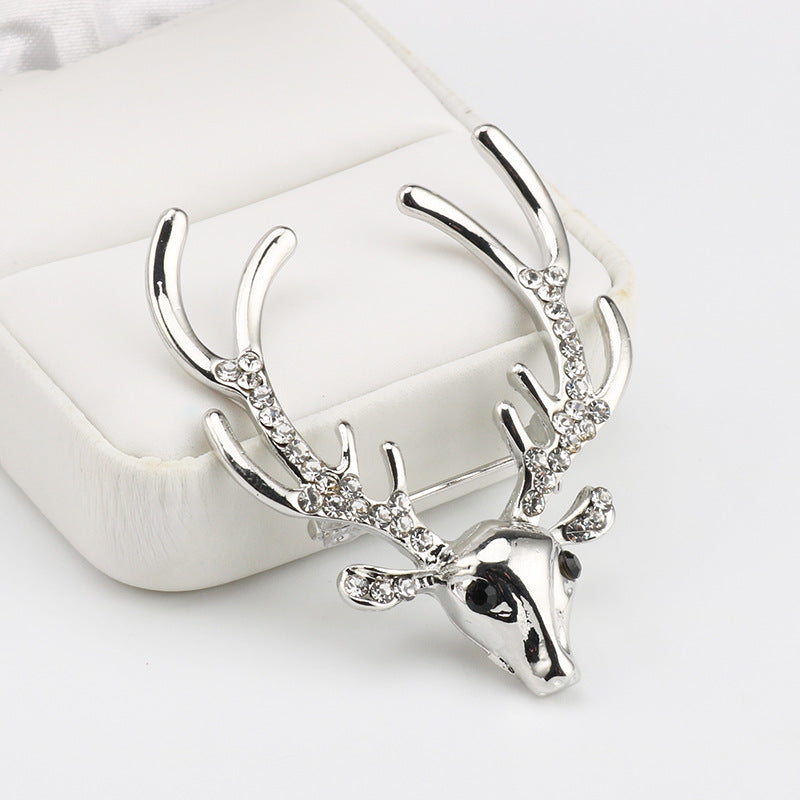 Rhinestone reindeer metal pin brooch, silver-tone deer head with crystal accents