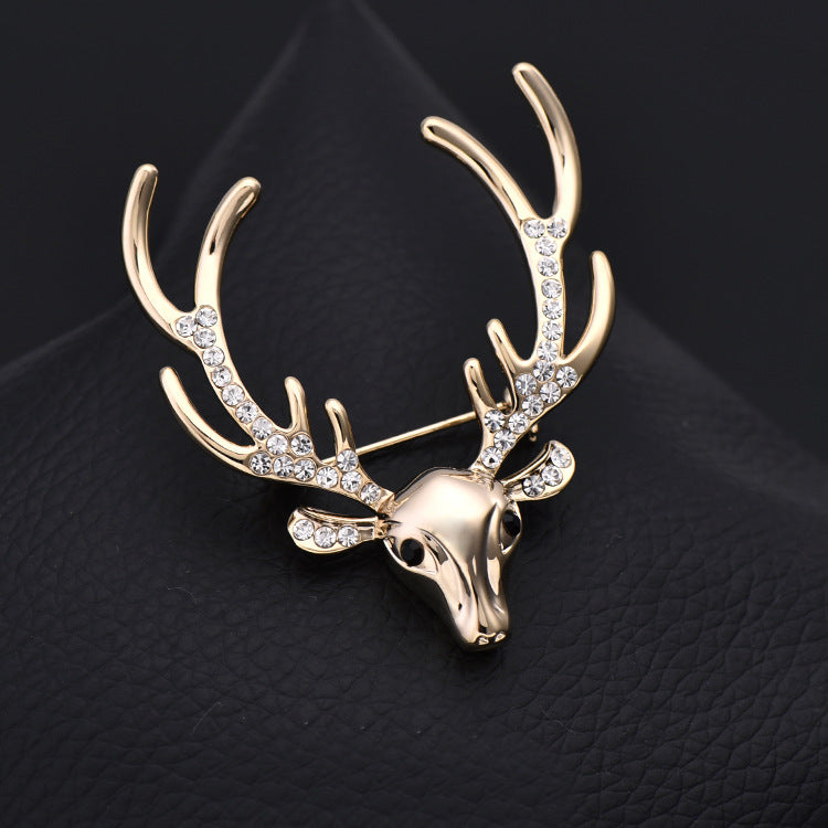 Rhinestone reindeer metal pin brooch, gold-tone antlers and rhinestone trim