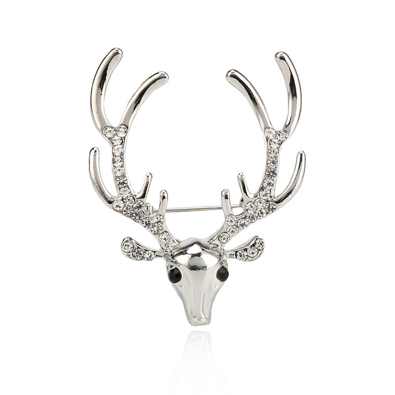 Rhinestone reindeer metal pin brooch, silver-tone antlers with gem details