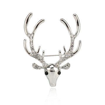 Rhinestone reindeer metal pin brooch, silver-tone antlers with gem details