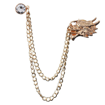 Goldfarbene Ketten-Kragenbrosche mit Drachenkopf und rundem Strass-Stein