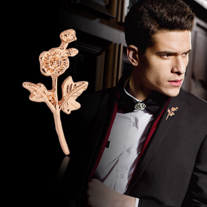 Gold lapel brooch pin: metal rose branch with leaf accents