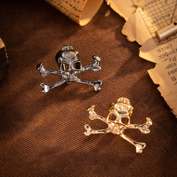 Punk skull crossbones metal brooch pin set, silver-toned and gold-toned (2pcs shown)