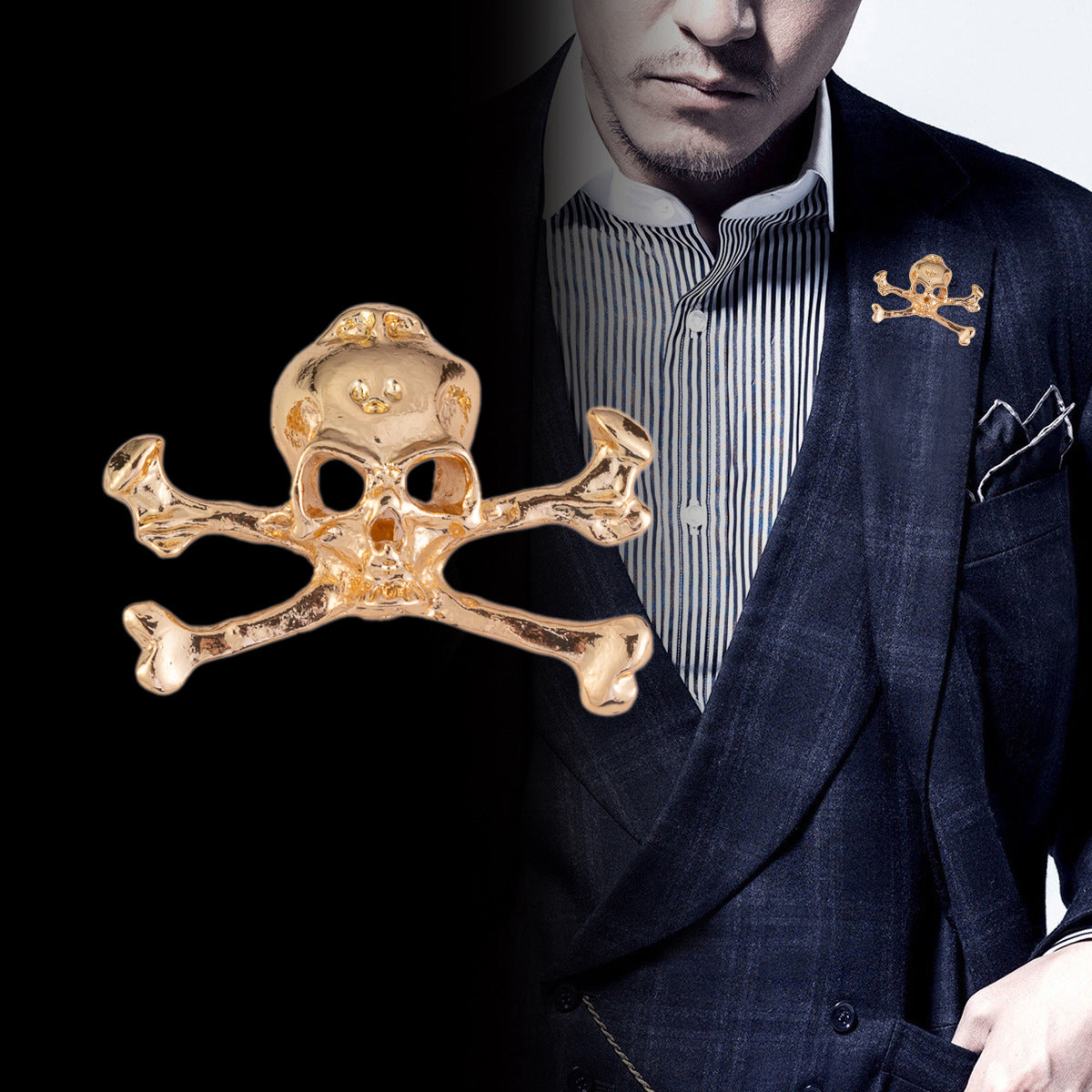 Gold skull crossbones metal brooch pin on a suit lapel, punk style skull emblem