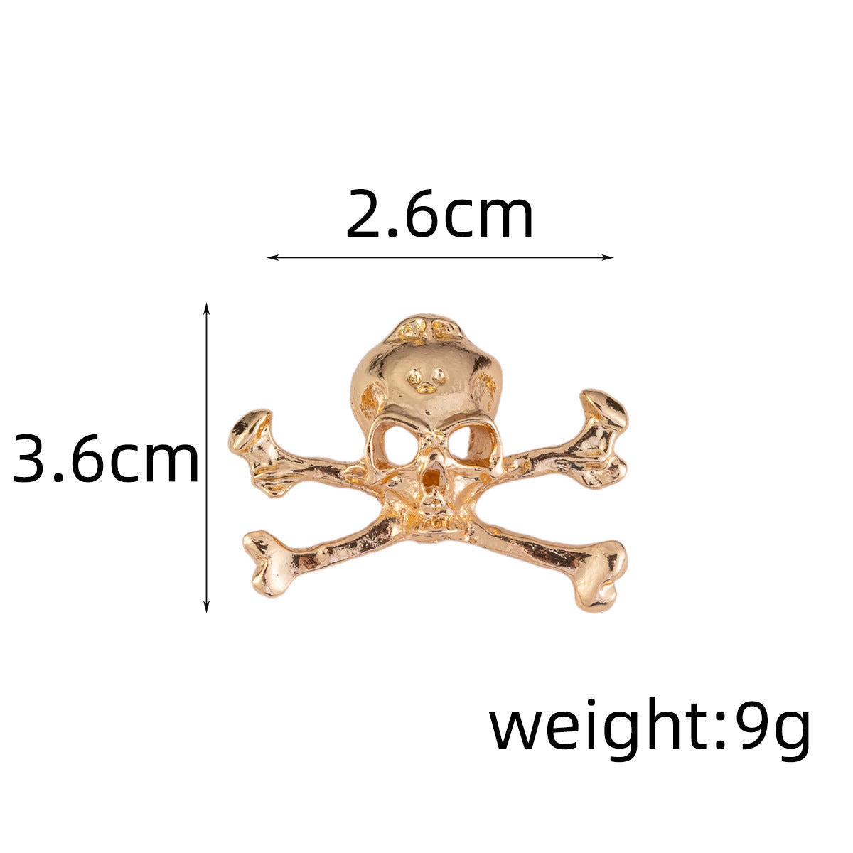 Gold skull crossbones metal brooch pin, approx. 2.6 x 3.6 cm, 9 g