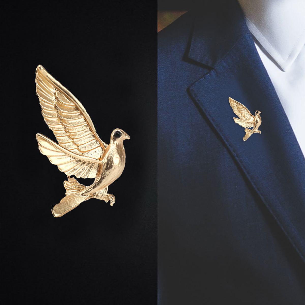 Dove suit lapel pin, gold tone bird with black eye and raised wings