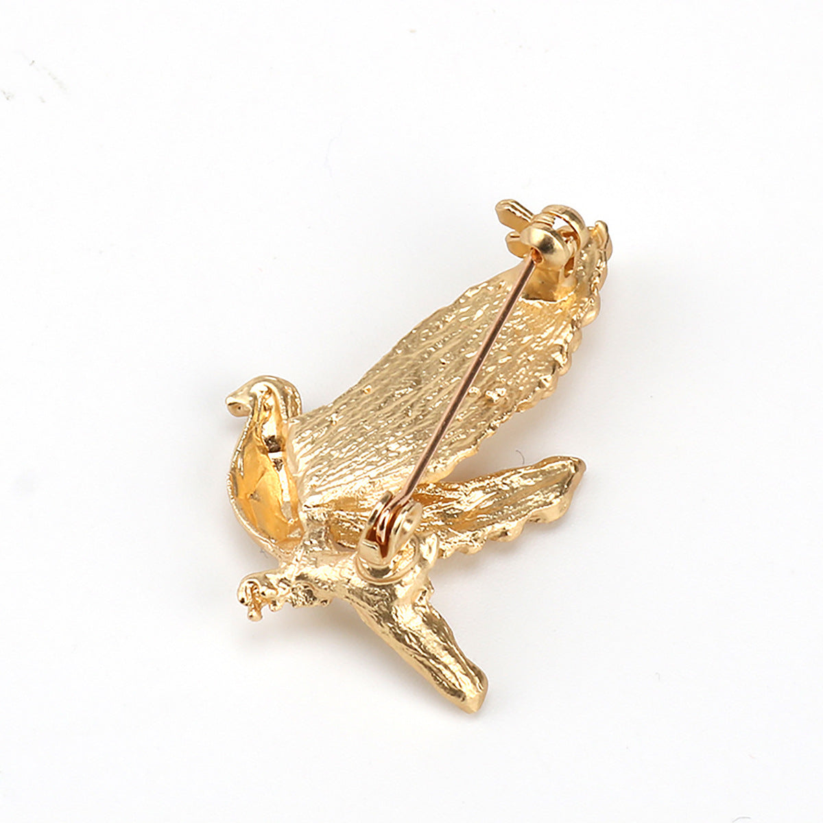 Gold dove metal brooch pin, winged bird figure with visible pin post