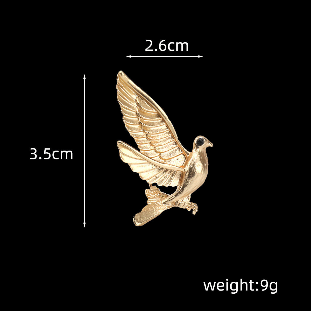 Gold dove metal pin, 2.6×3.5 cm, weight 9 g