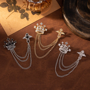 Men's crown chain metal brooch pins (3pc), jeweled crowns with dangling chain links