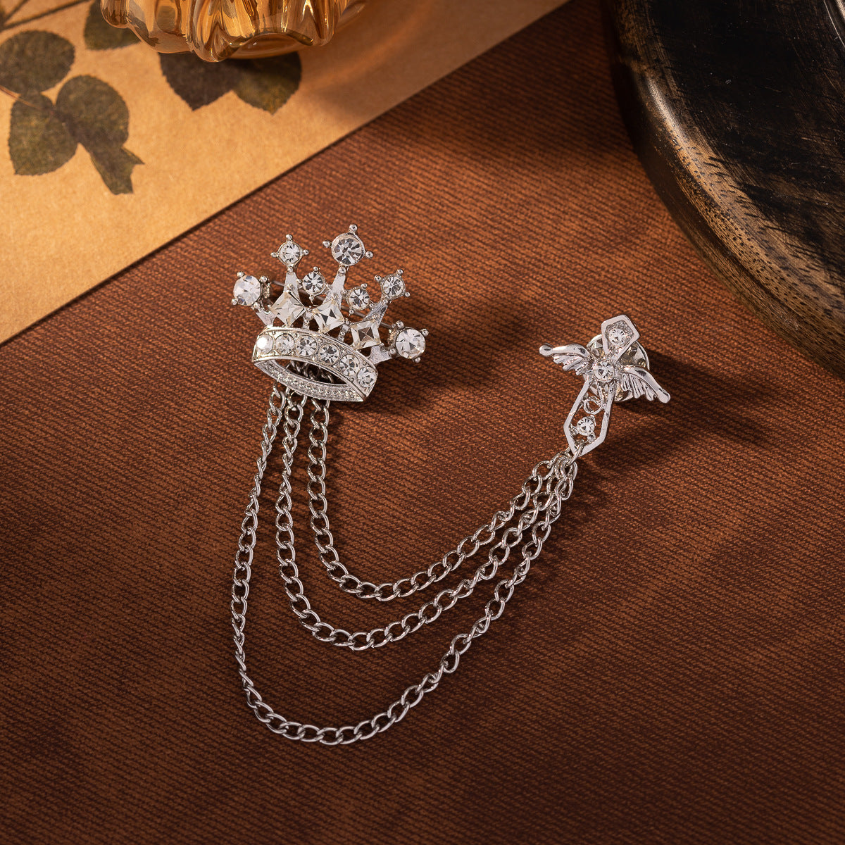 Men's crown chain brooch pins (3pc) in silver tone, jeweled crown and cross charms
