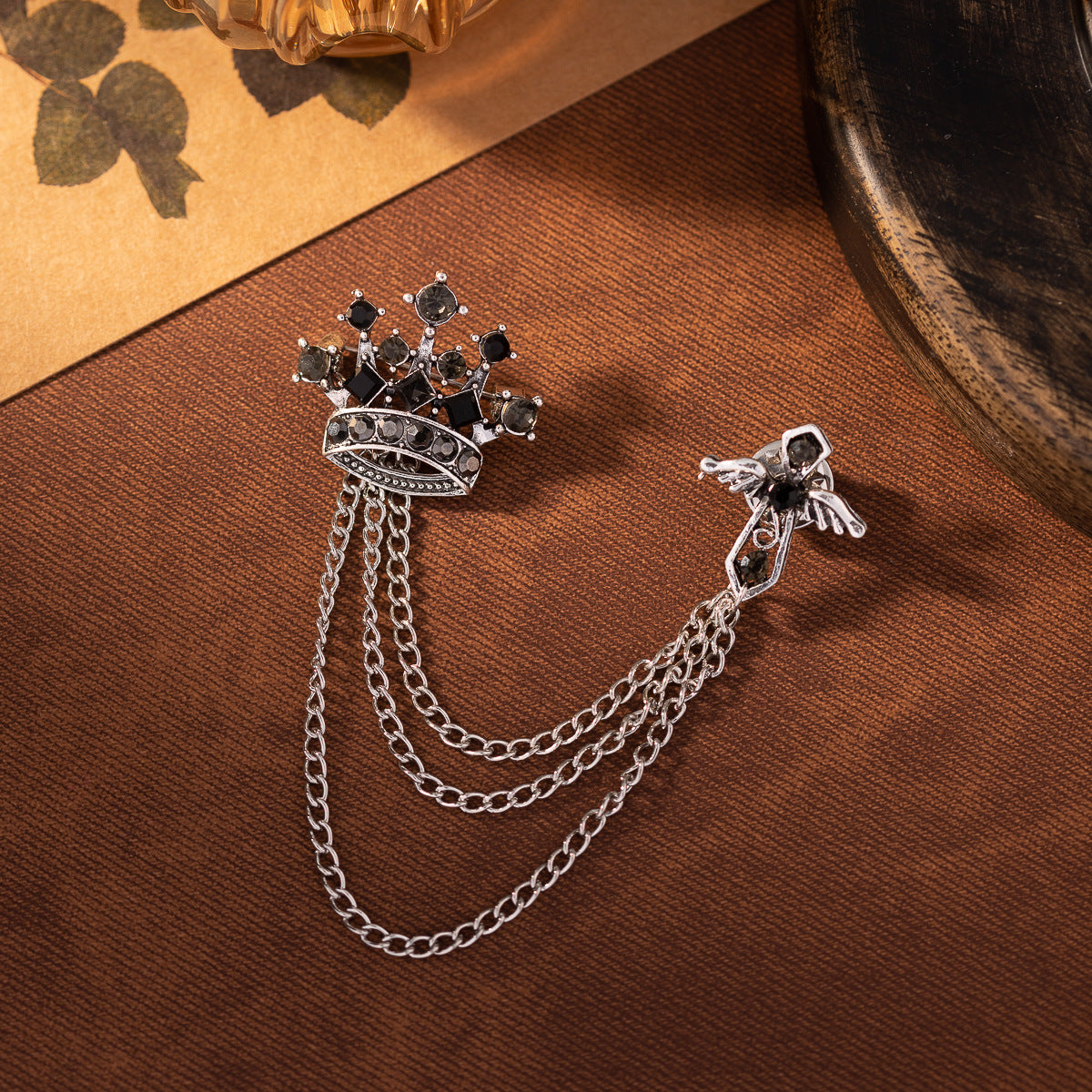 Men's crown chain brooch pins (3pc) in dark silver tone, jeweled crown with chain links