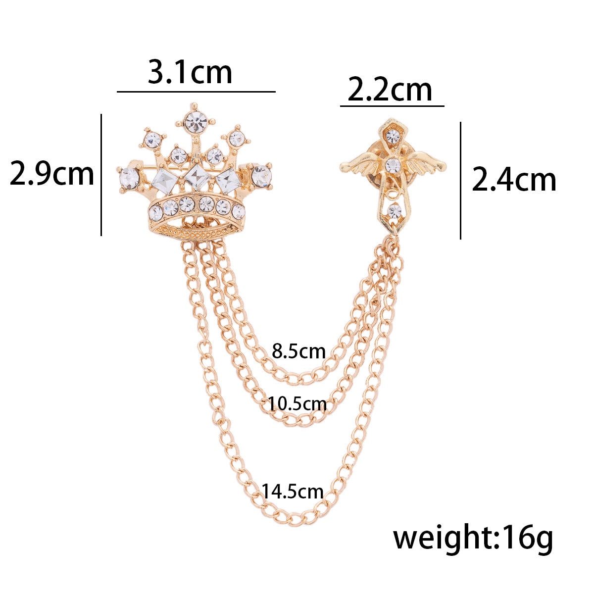 Men's crown chain brooch pin set, jeweled crown top with long linked chain (size diagram)
