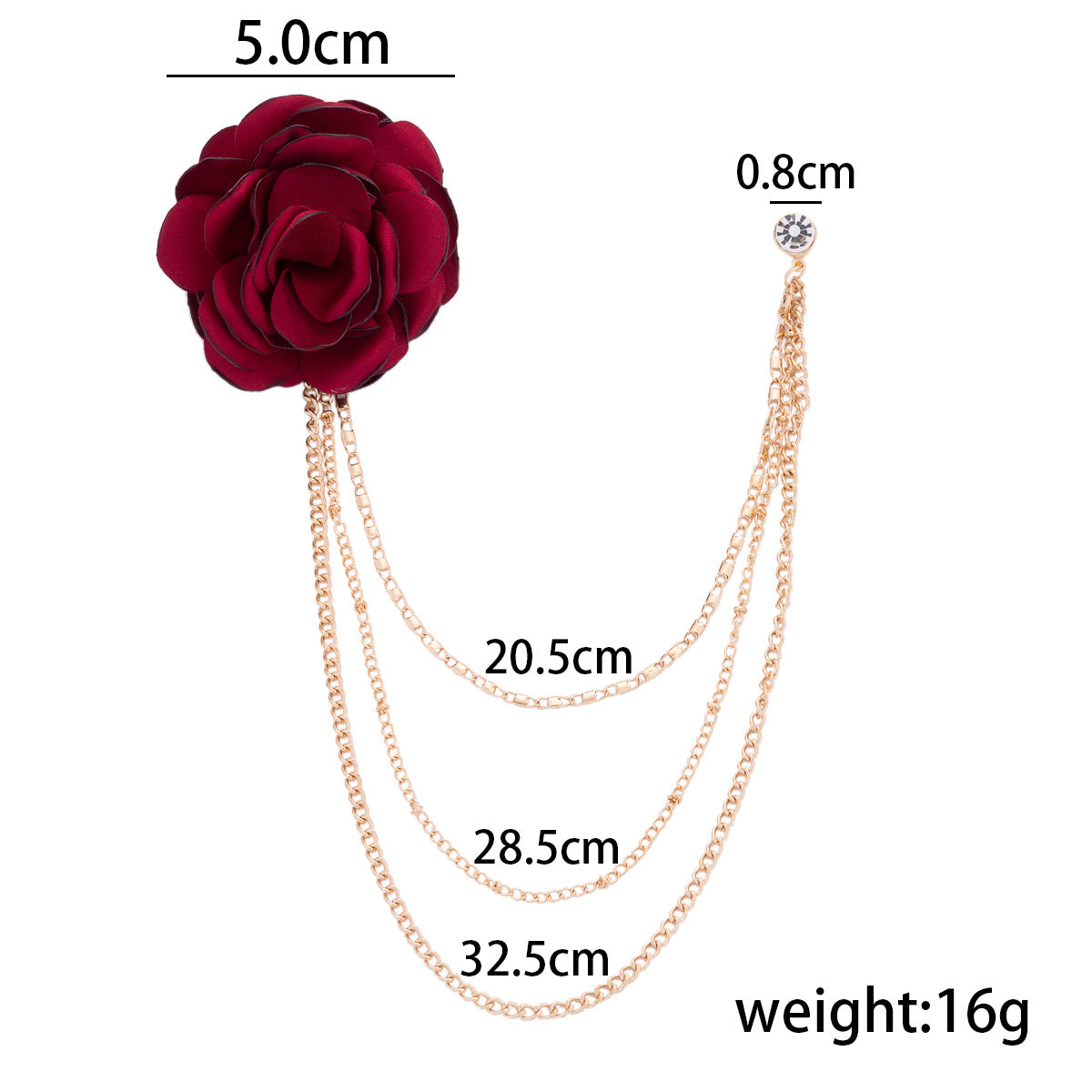 Blumenbroschen-Set, weinrote Stoffblüte, goldfarbene Kette, Maße und Gewicht 16g
