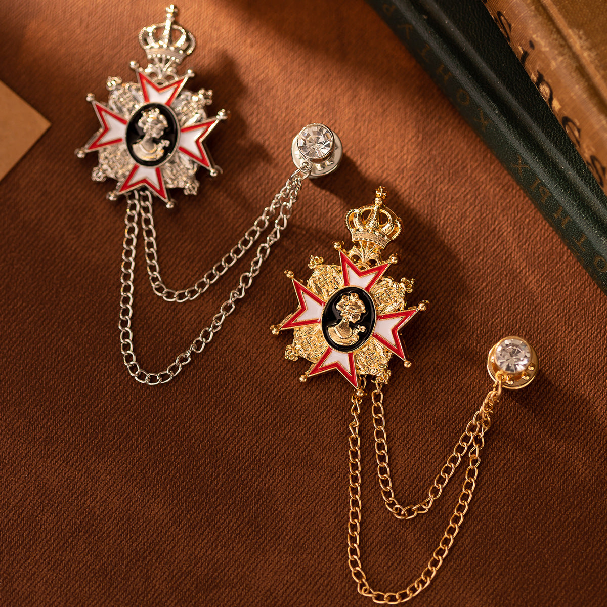 Baroque crown queen portrait brooch pin, red enamel star with dangling linked chain