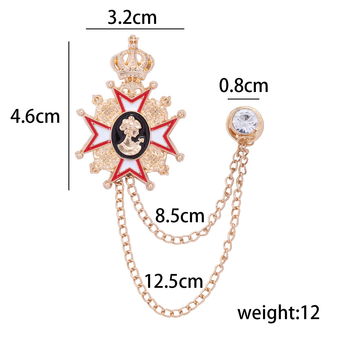 Baroque crown queen brooch pin dimensions: 4.6cm star, 12.5cm chain, stone 0.8cm