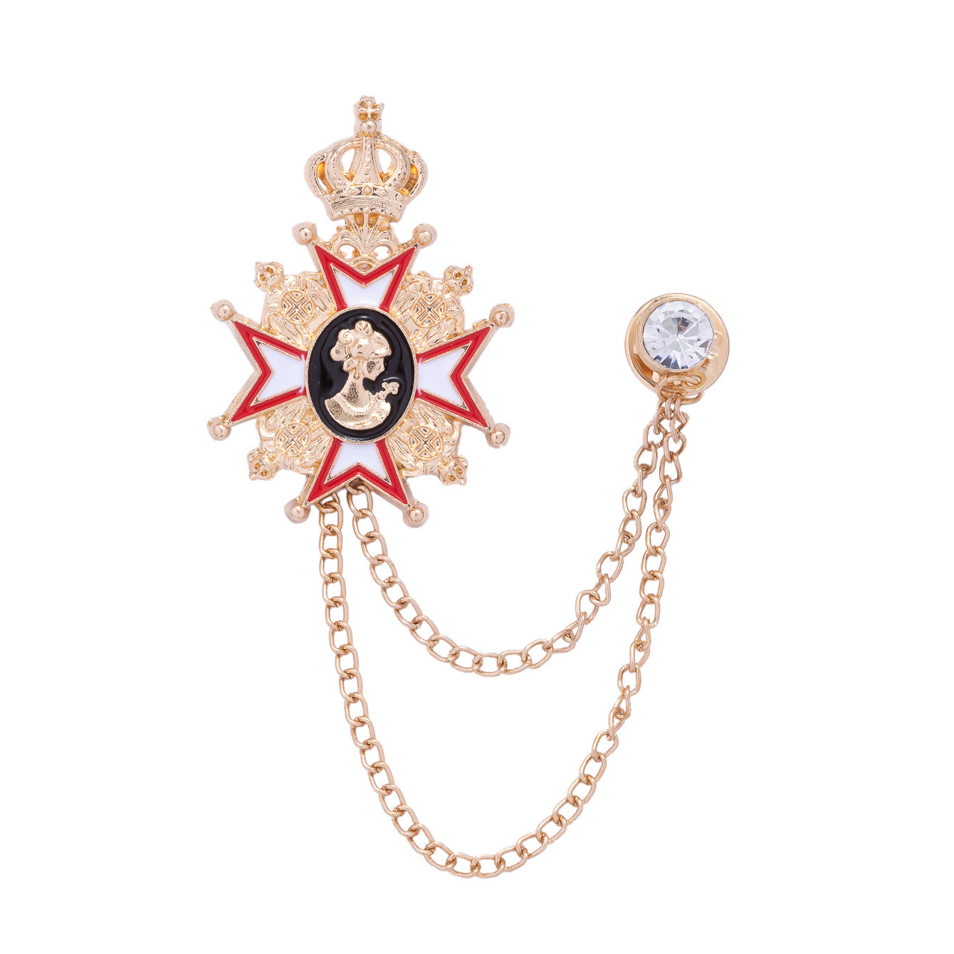 Baroque crown queen portrait brooch pin, red-and-gold star medallion with clear stone chain
