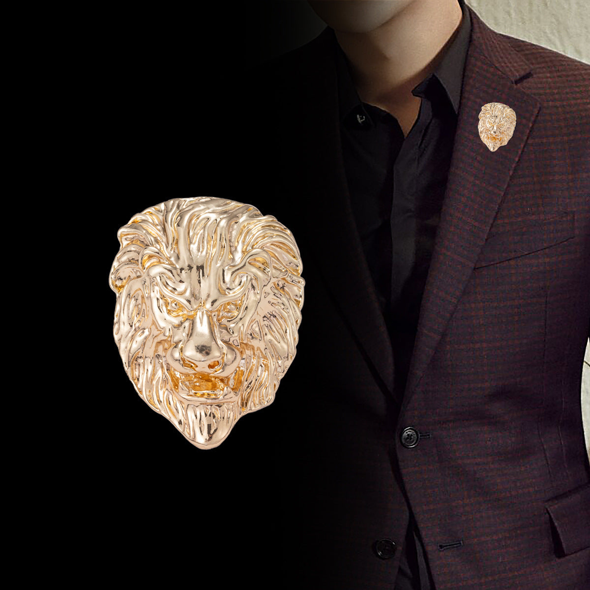 Gold lion head brooch with detailed mane texture and pin backing
