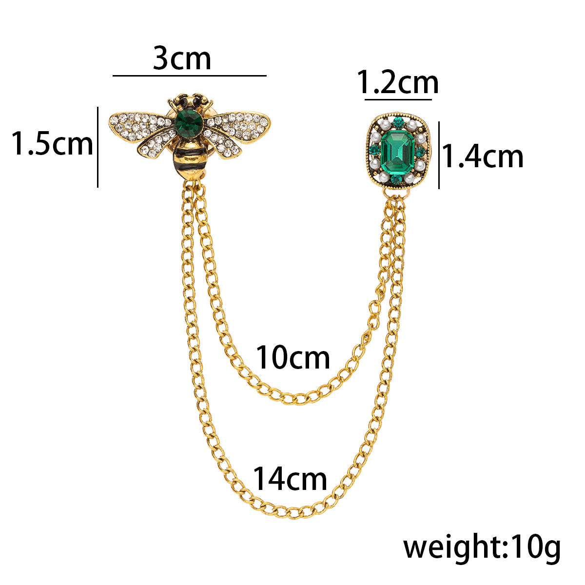 Bee tassel brooch sizing diagram: 14 cm chain length, green crystal bee heads