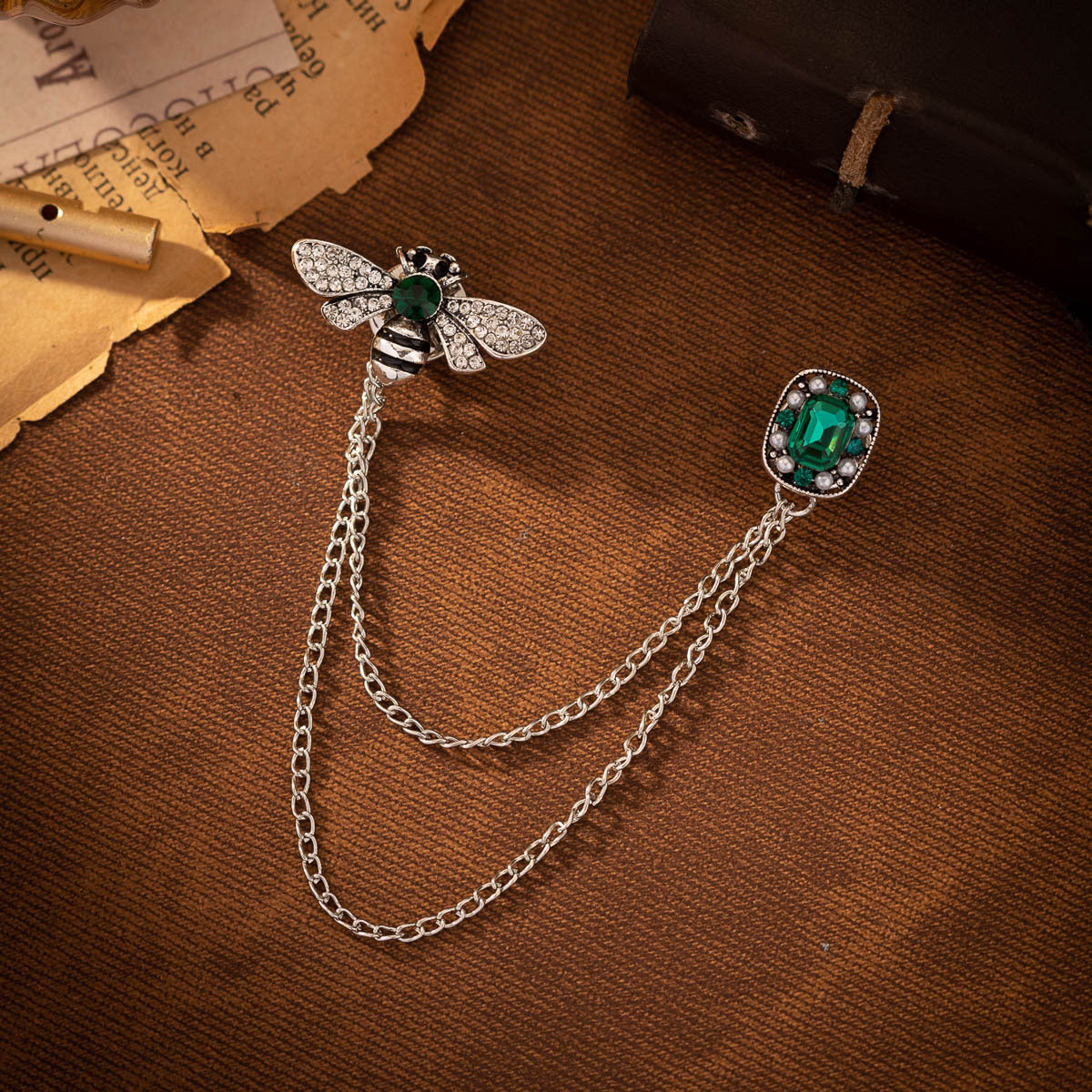 Bee tassel brooch set with green crystal centers, silver-tone chains, 2 pieces