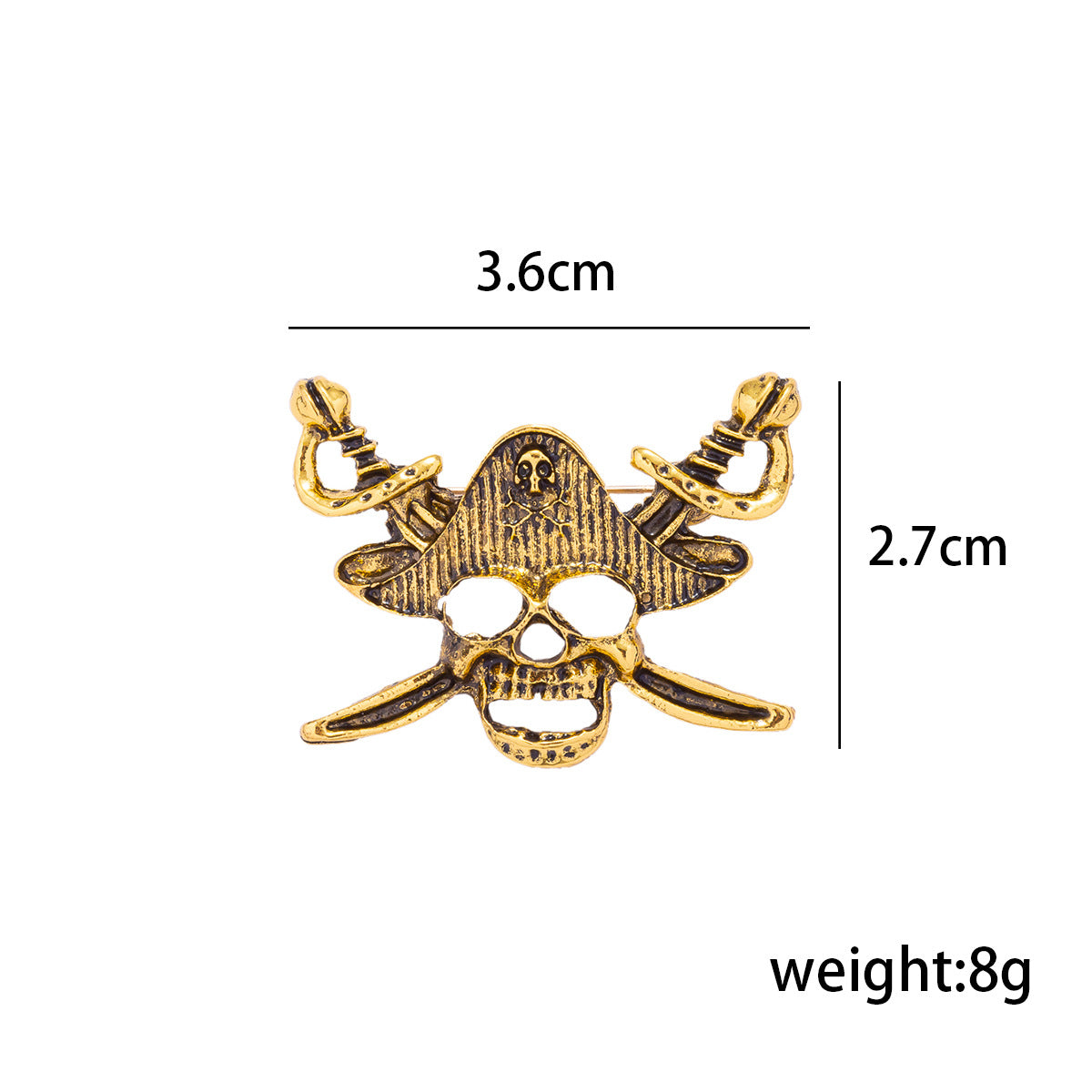 Piraten-Totenkopf-Anstecknadel, goldfarben, 3,6×2,7 cm (8 g)