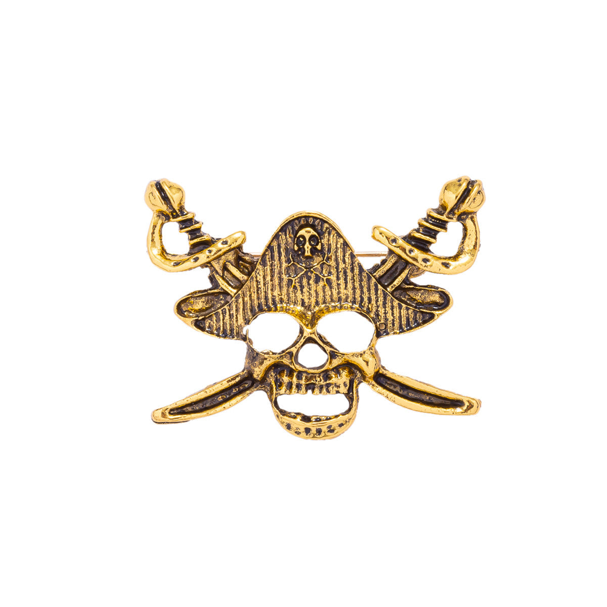Totenkopf-Piraten-Anstecknadel, goldfarbene Metallpin-Brosche mit Bandana und Schwertern